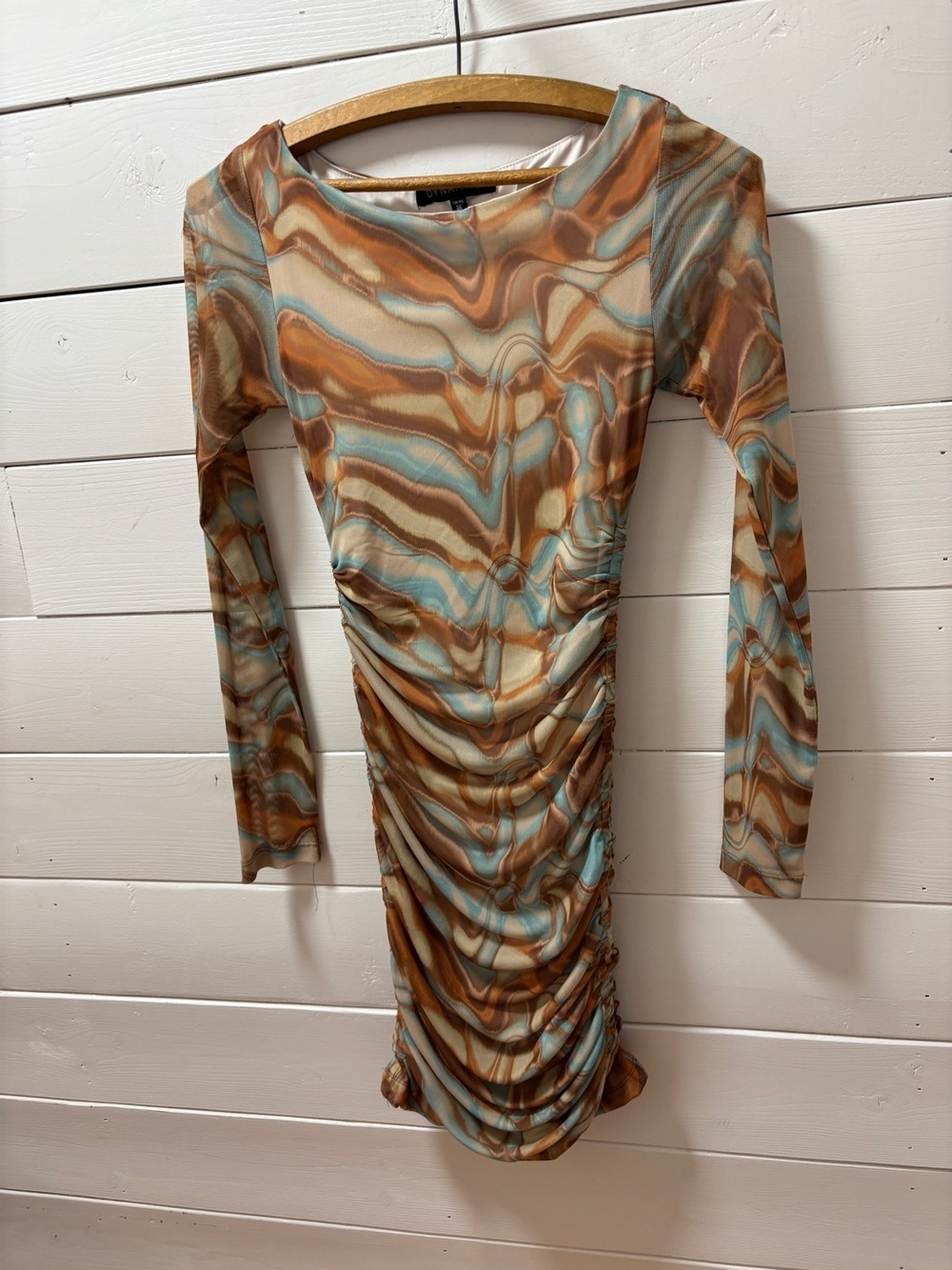 Dynamite Mesh Ruched Mini Dress – Abstract Marble Print – Brown & Blue – Size XS - Picture 3 of 11